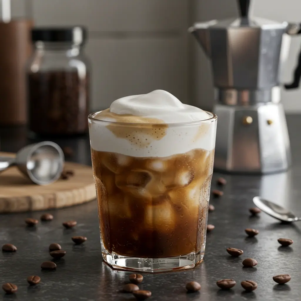 Step-by-step iced cappuccino making process with espresso, froth, and cocoa powder.