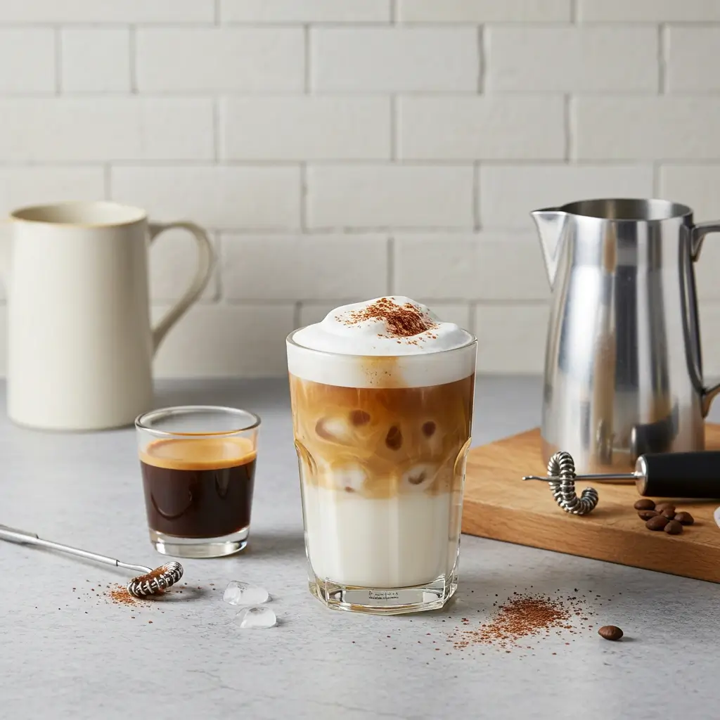 Styled kitchen scene with iced cappuccino elements and labeled steps.