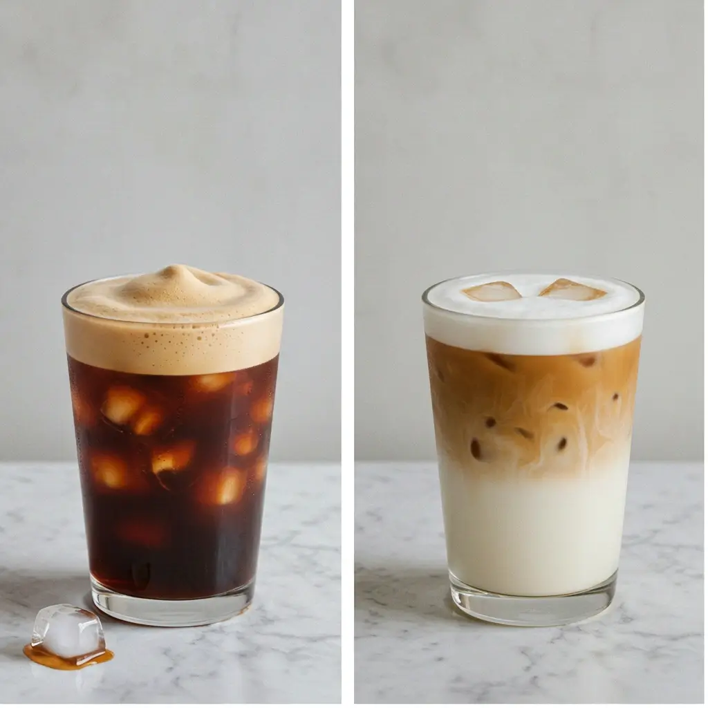 Comparison of poorly made vs. perfectly crafted iced cappuccino with labeled mistakes.