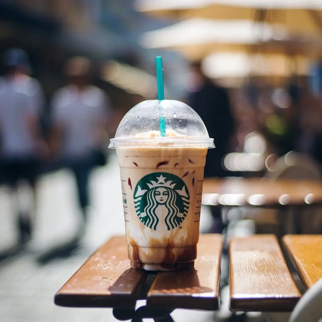 Starbucks iced cappuccino in plastic cup with espresso swirls and green straw on café table.