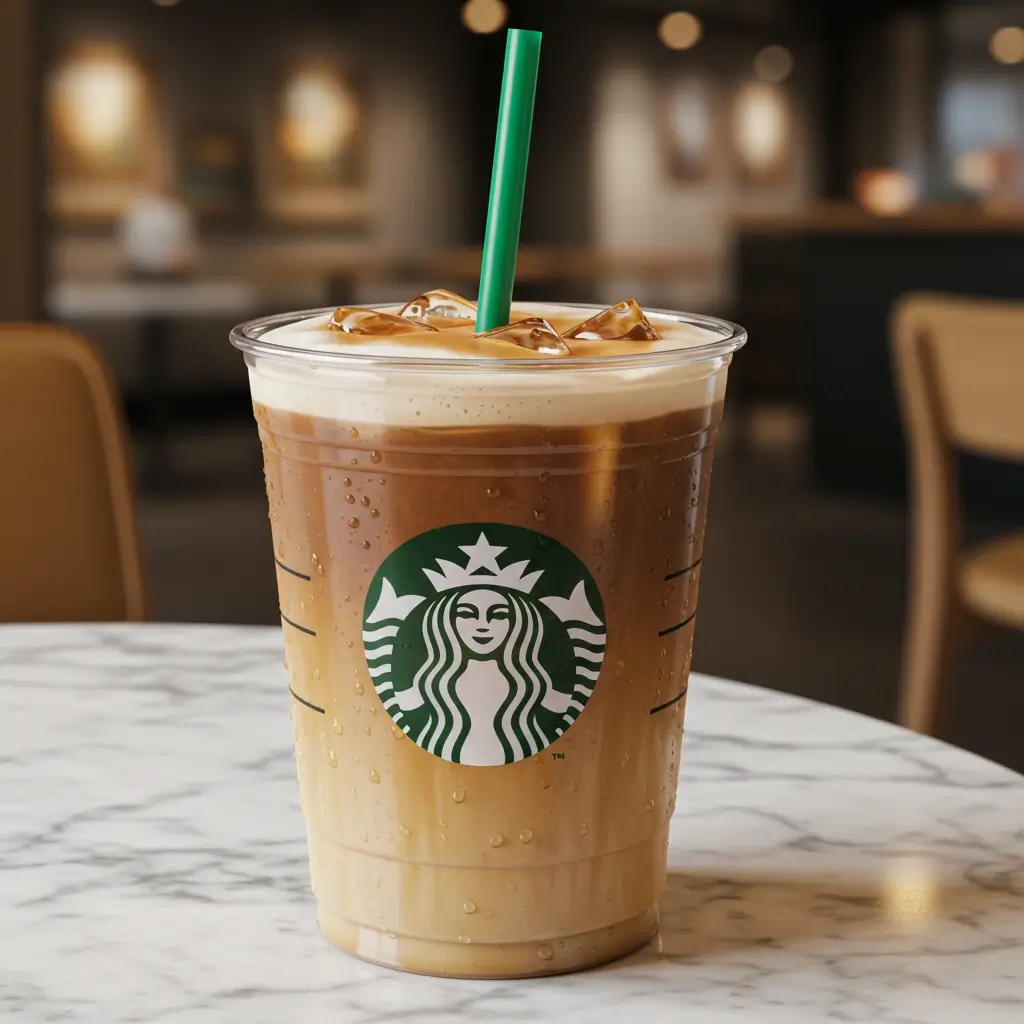 Close-up of Starbucks iced cappuccino with espresso layers and green straw on marble table.