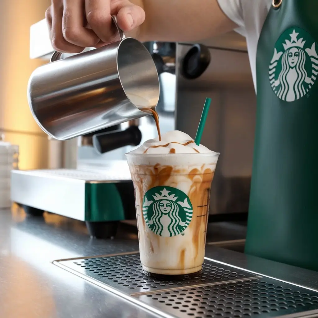 Starbucks barista preparing iced cappuccino in sequence, from espresso to foam, with green straw.