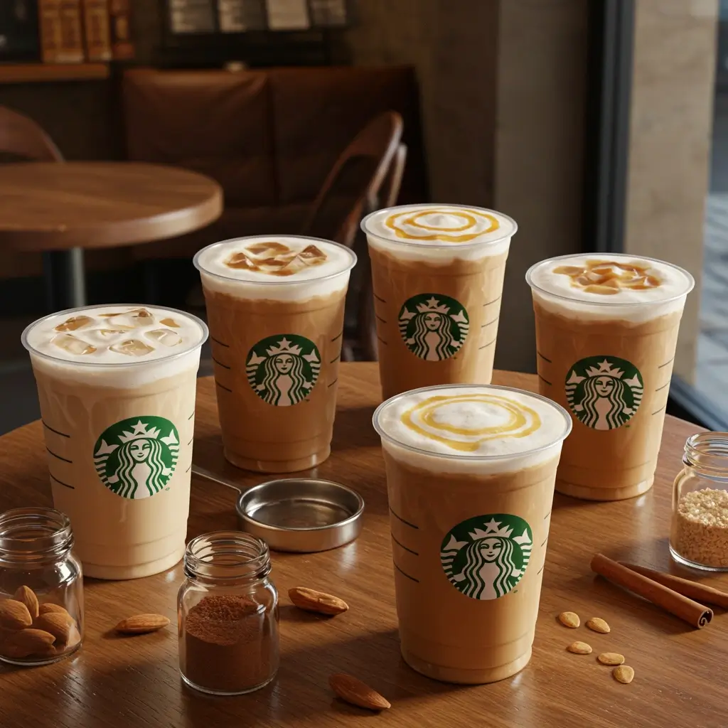 Flat lay of multiple Starbucks iced cappuccinos with customizations on a wooden table.