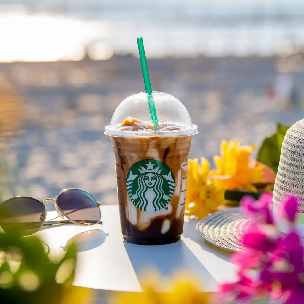 Starbucks iced cappuccino with swirling espresso and milk, surrounded by summer accessories on a café table.