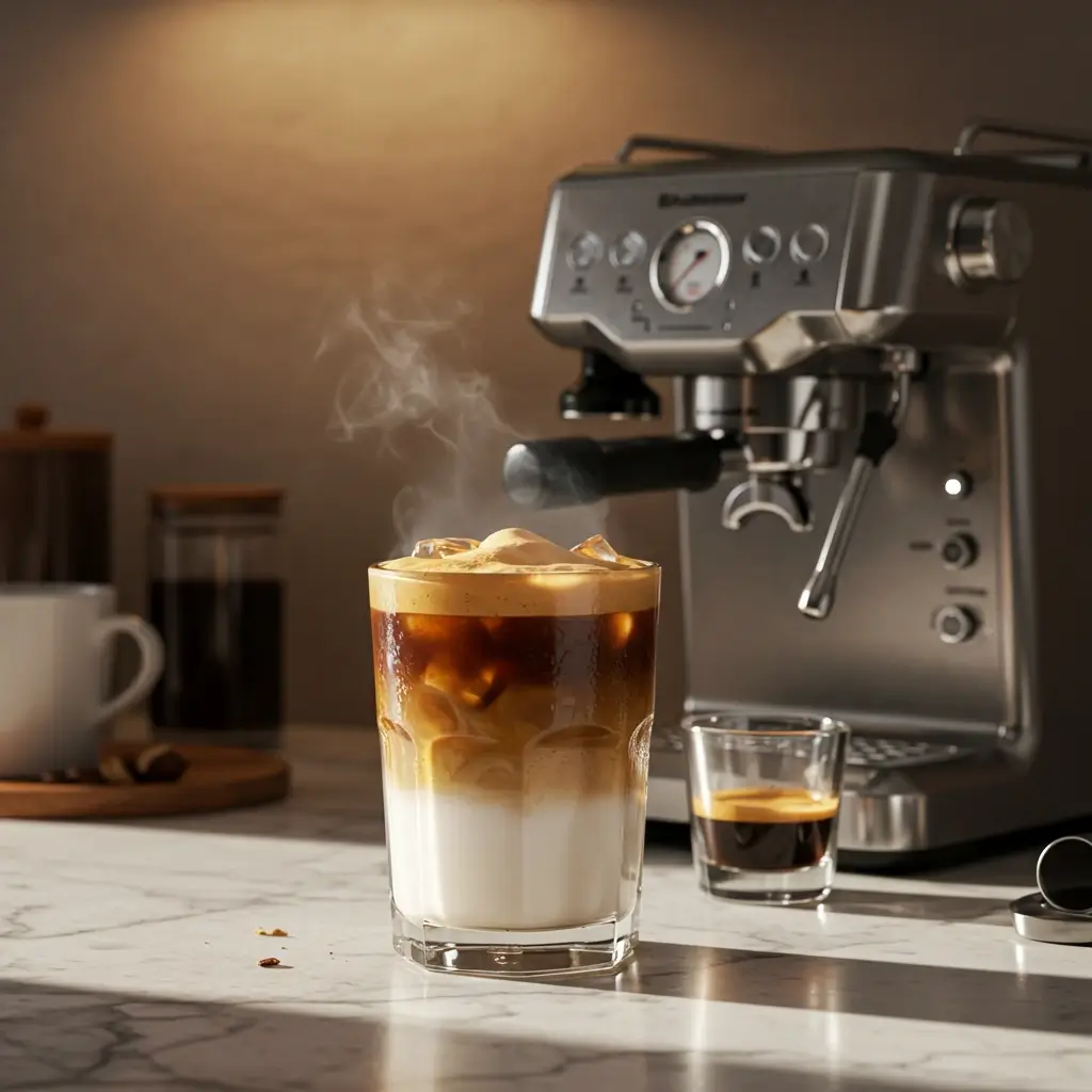 Ultra-realistic iced cappuccino with layered espresso, milk, and foam on a marble countertop.