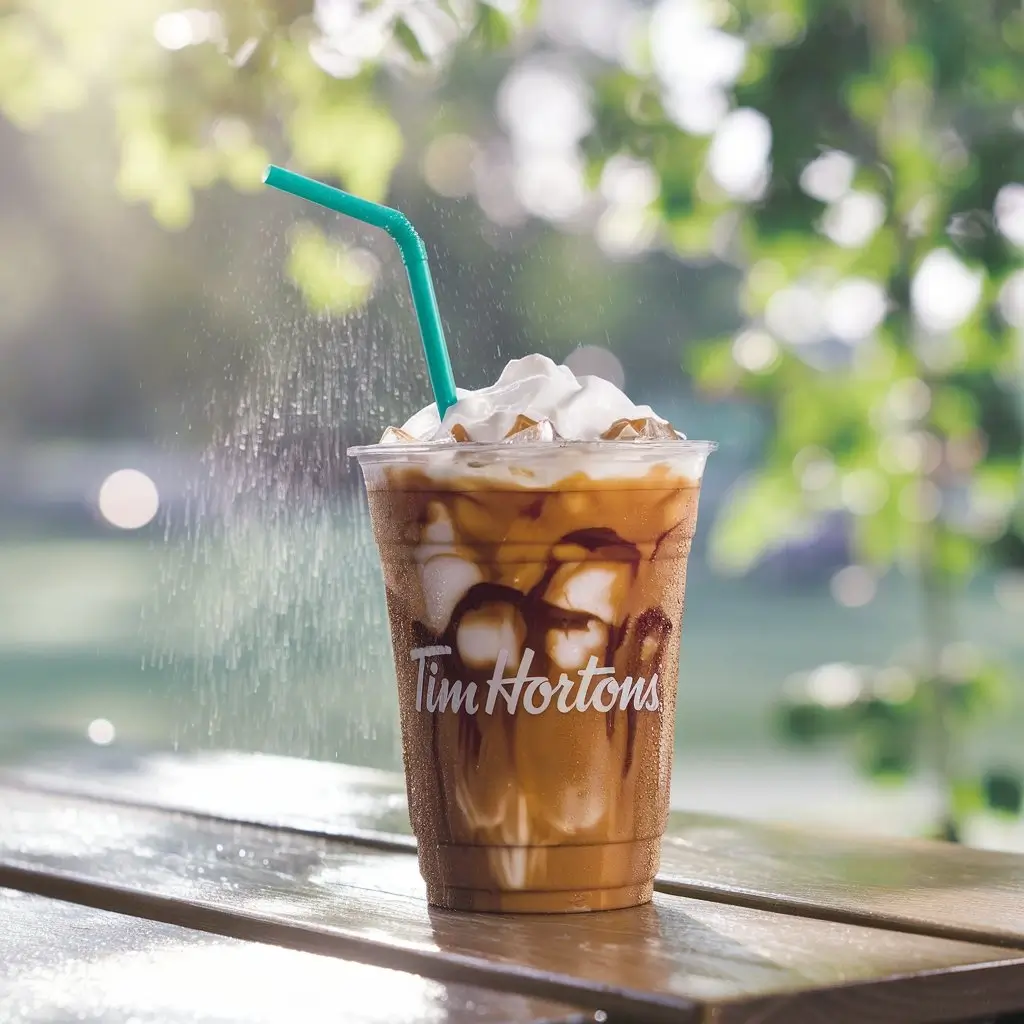 Tim Hortons iced cappuccino with foam and ice on patio table.