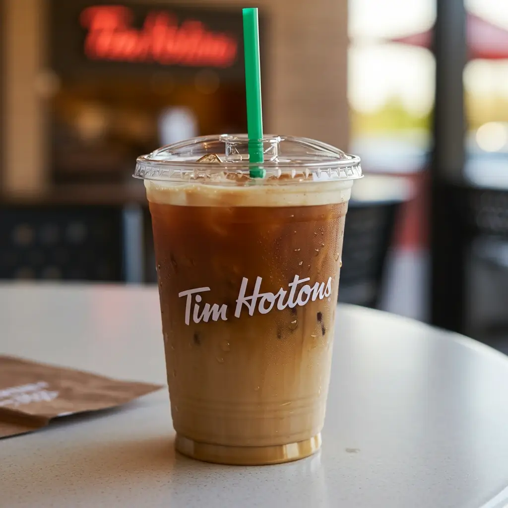 Close-up of Tim Hortons iced cappuccino with layers of espresso, milk, and foam on a polished countertop.