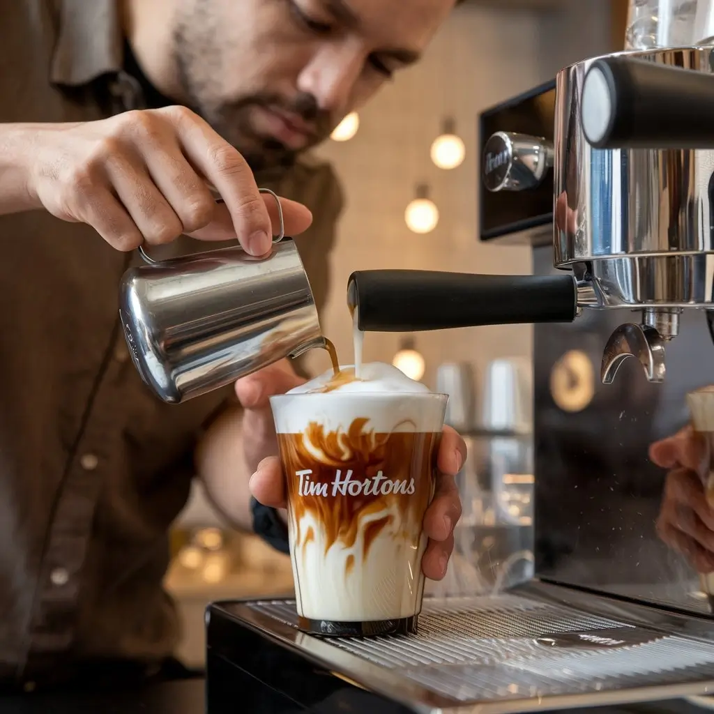 Tim Hortons barista preparing iced cappuccino, step-by-step, with espresso, milk, and foam.