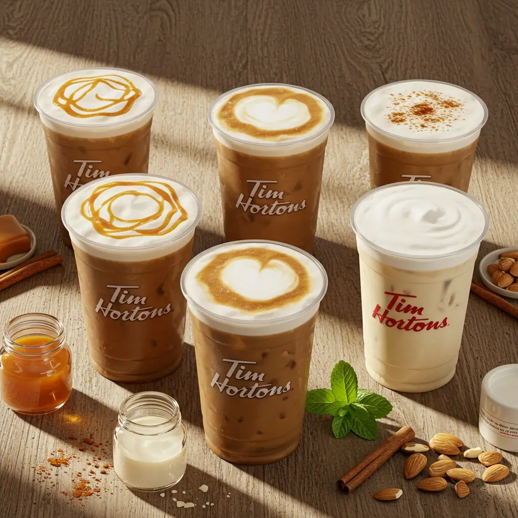 Flat lay of Tim Hortons iced cappuccinos with various customizations and syrups on rustic table.