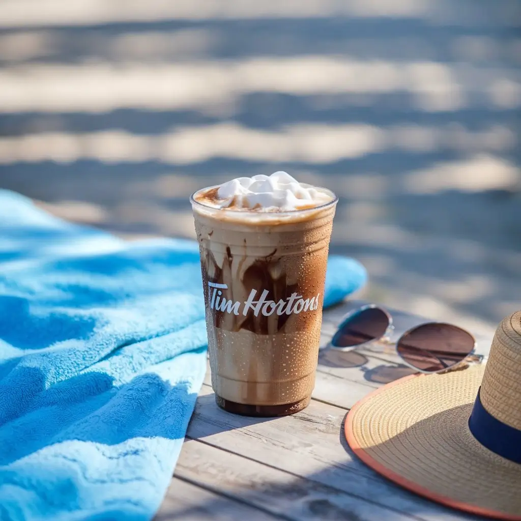 Tim Hortons iced cappuccino with foam and ice on outdoor table with beach accessories.