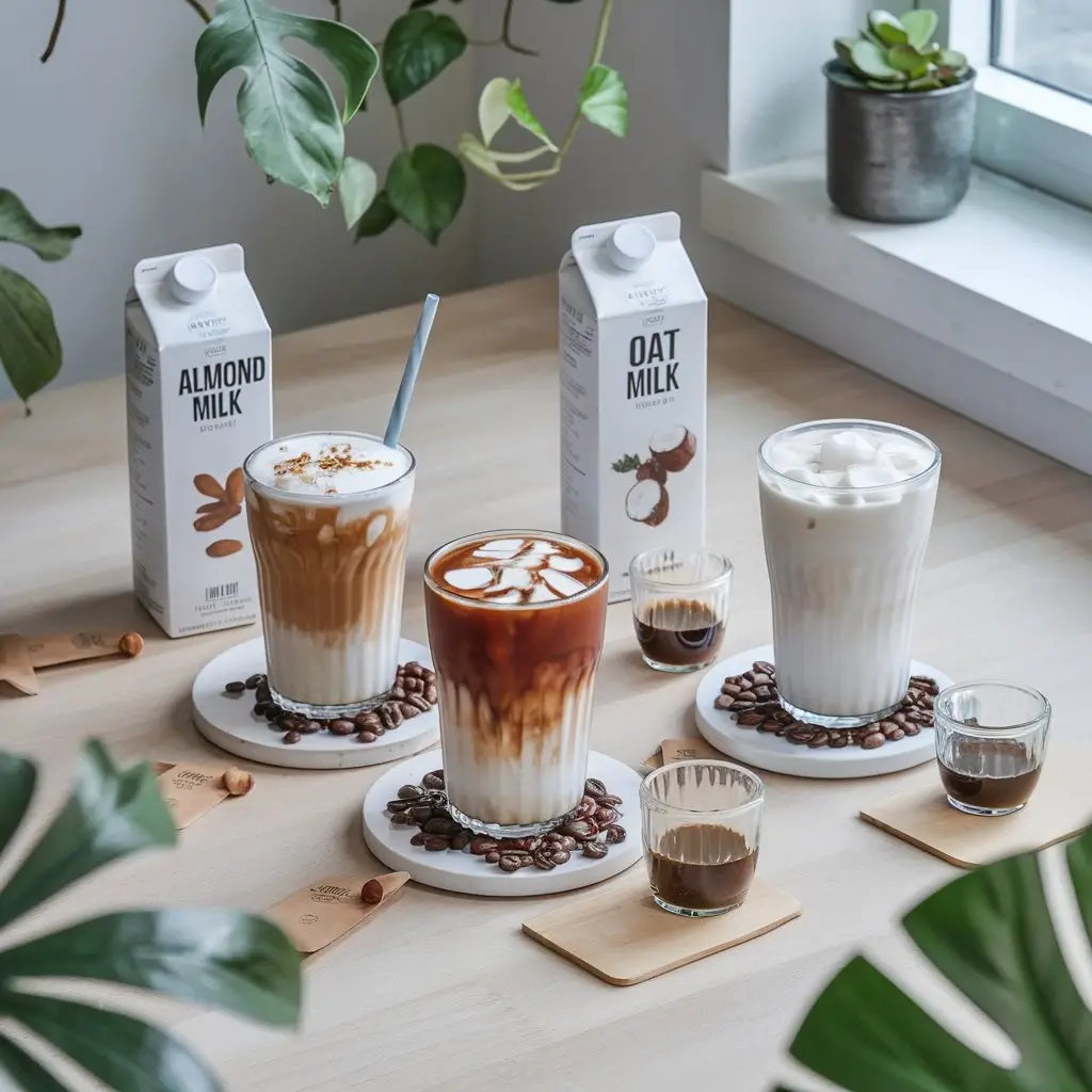Flat lay of three vegan iced coffees with almond, oat, and coconut milk on light counter.