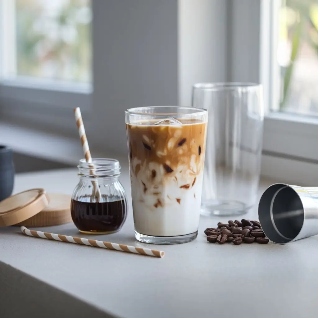 Close-up of vegan iced coffee with oat milk, agave syrup, coffee beans, and reusable straw on kitchen counter.