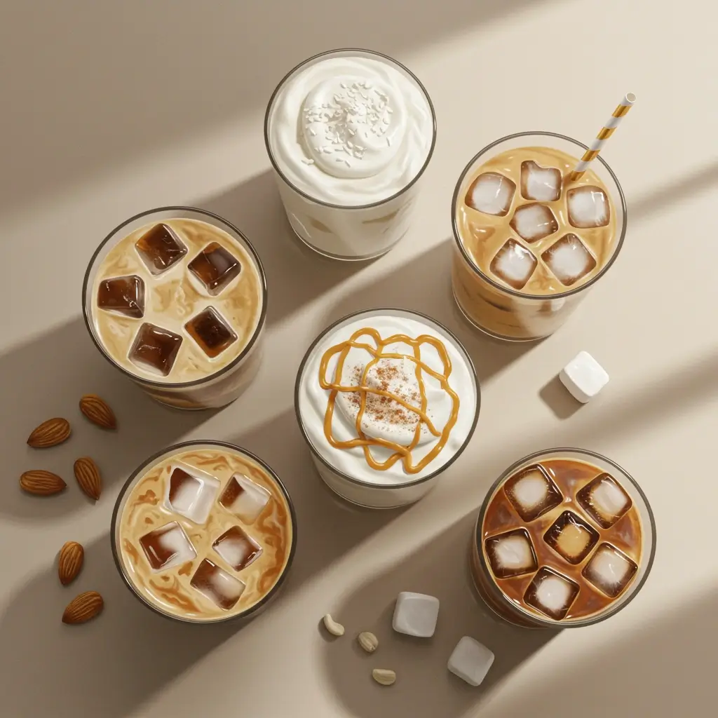 Flat lay of five vegan iced coffees with various plant-based milks and toppings on light wooden counter.