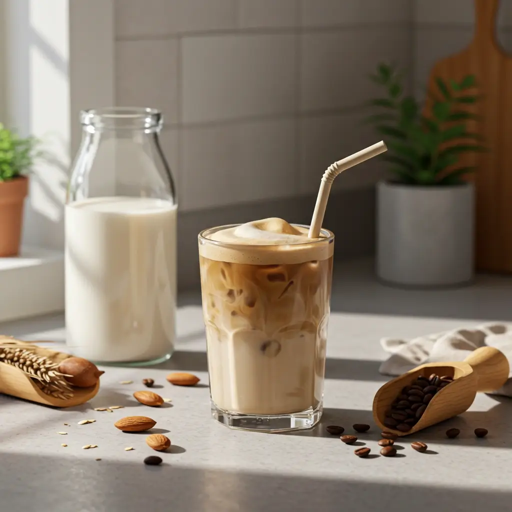 Vegan iced coffee with frothy oat milk and reusable straw on a modern kitchen counter with organic ingredients.