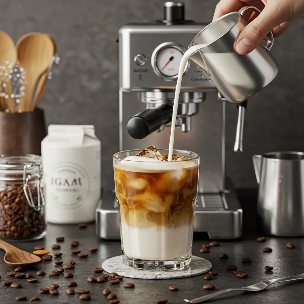Close-up of iced coffee with plant-based milk in a modern kitchen with espresso machine and natural sweeteners.