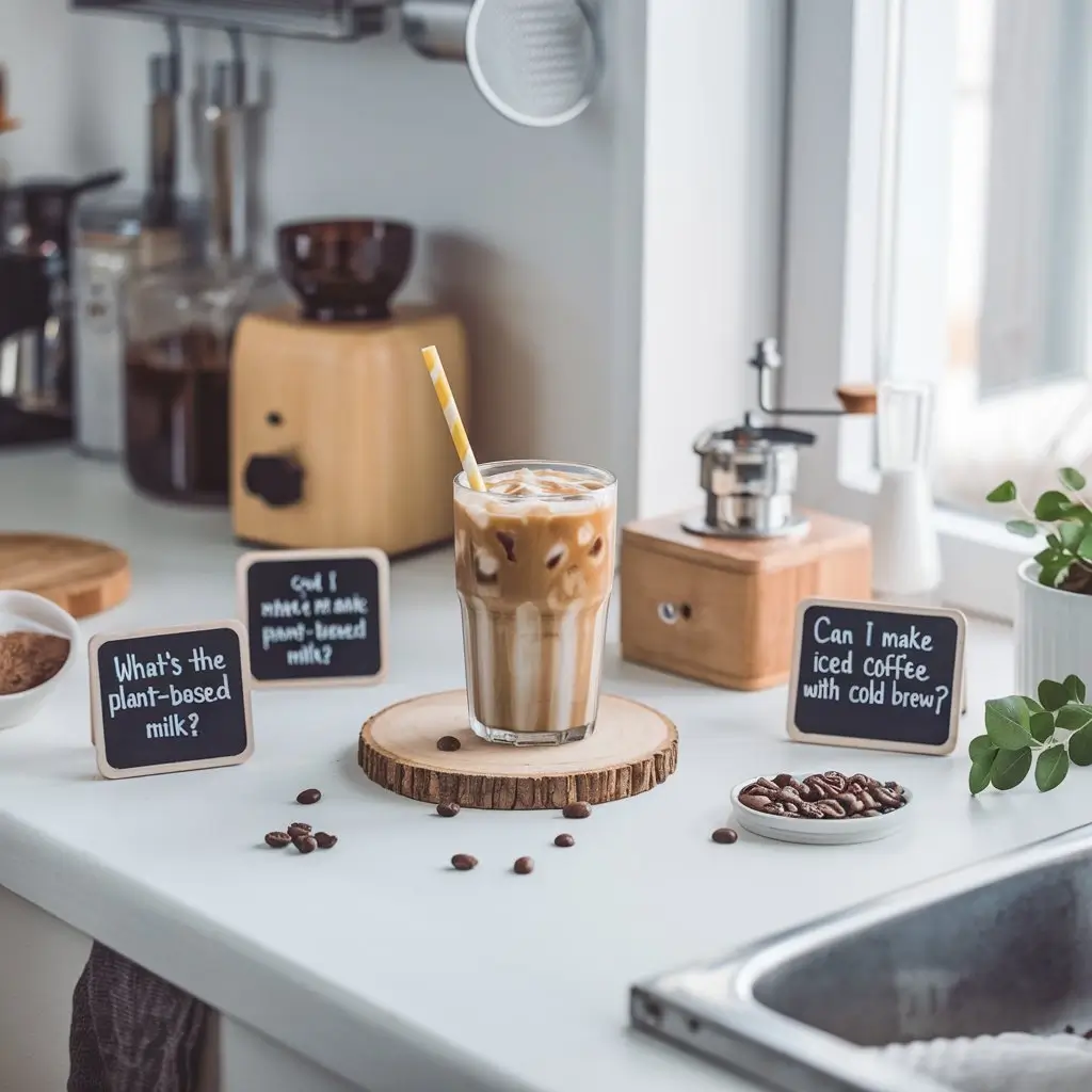 Cozy kitchen with oat milk iced coffee and labeled coffee-related questions on chalkboard signs.