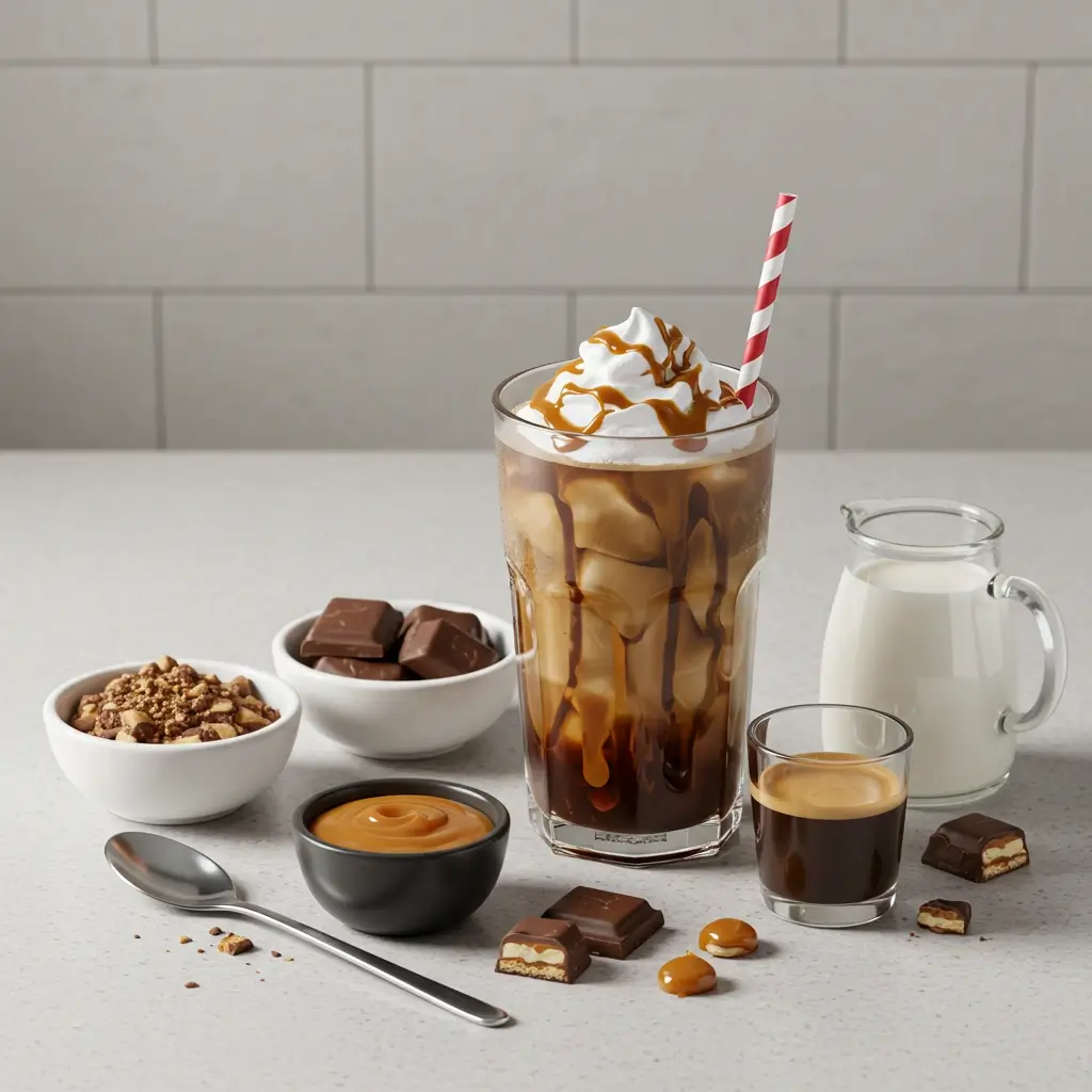 Iced coffee with plant-based milk, chocolate syrup, caramel drizzle, and whipped coconut cream