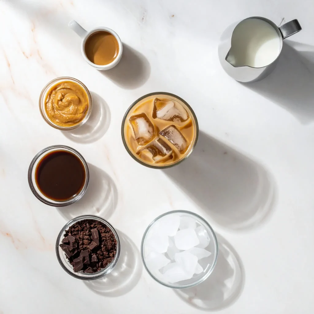 Deconstructed Twix iced coffee with chocolate, caramel, and cookie ingredients
