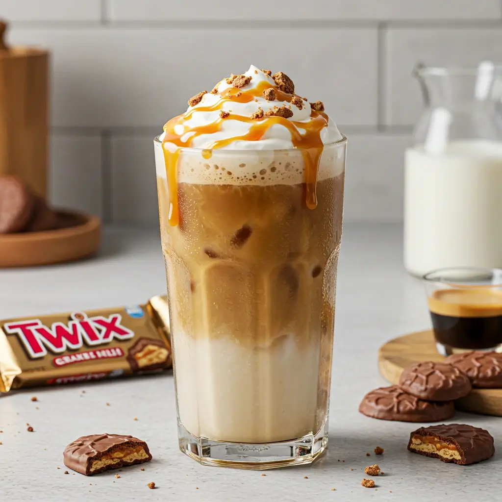 Twix iced coffee ingredients arranged on a kitchen counter