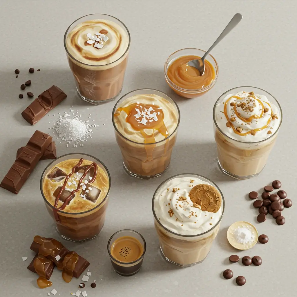 Finished Twix iced coffee with caramel, chocolate syrup, whipped cream, and crushed cookie bits
