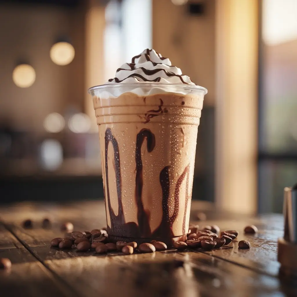 Creamy coffee bean ice blended drink in clear cup with whipped cream and chocolate drizzle, condensation, coffee beans on wooden table.