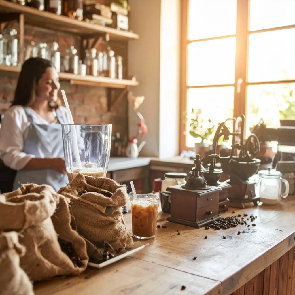 Rustic café counter with vintage grinders, burlap sacks of coffee beans, blender mixing creamy coffee ice blend, smiling barista, golden sunlight.