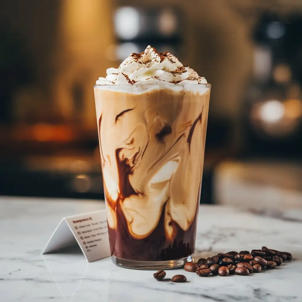 Close-up of iced coffee copycat in tall glass with whipped cream and cocoa powder, recipe card and coffee beans on marble countertop.