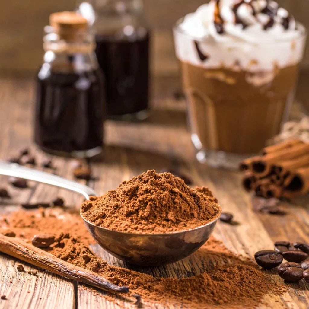 Close-up of rustic wooden table with dark cocoa powder, chocolate syrup bowls, vintage spoon with mocha powder, vanilla jars, cinnamon sticks, coffee beans, and iced mocha with whipped cream.