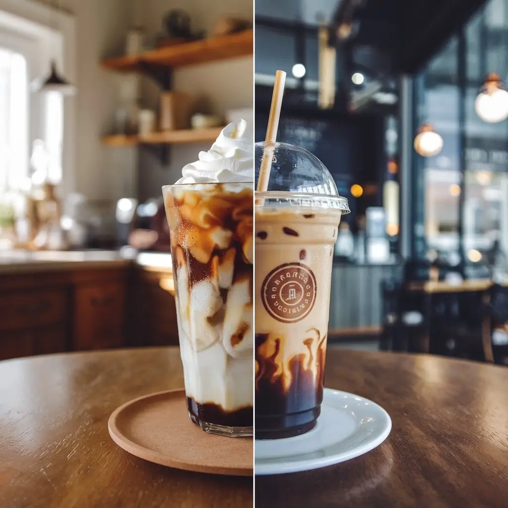 Split-screen of homemade iced coffee in clear glass with whipped cream and professional iced coffee in branded cup with straw, both on wooden table.