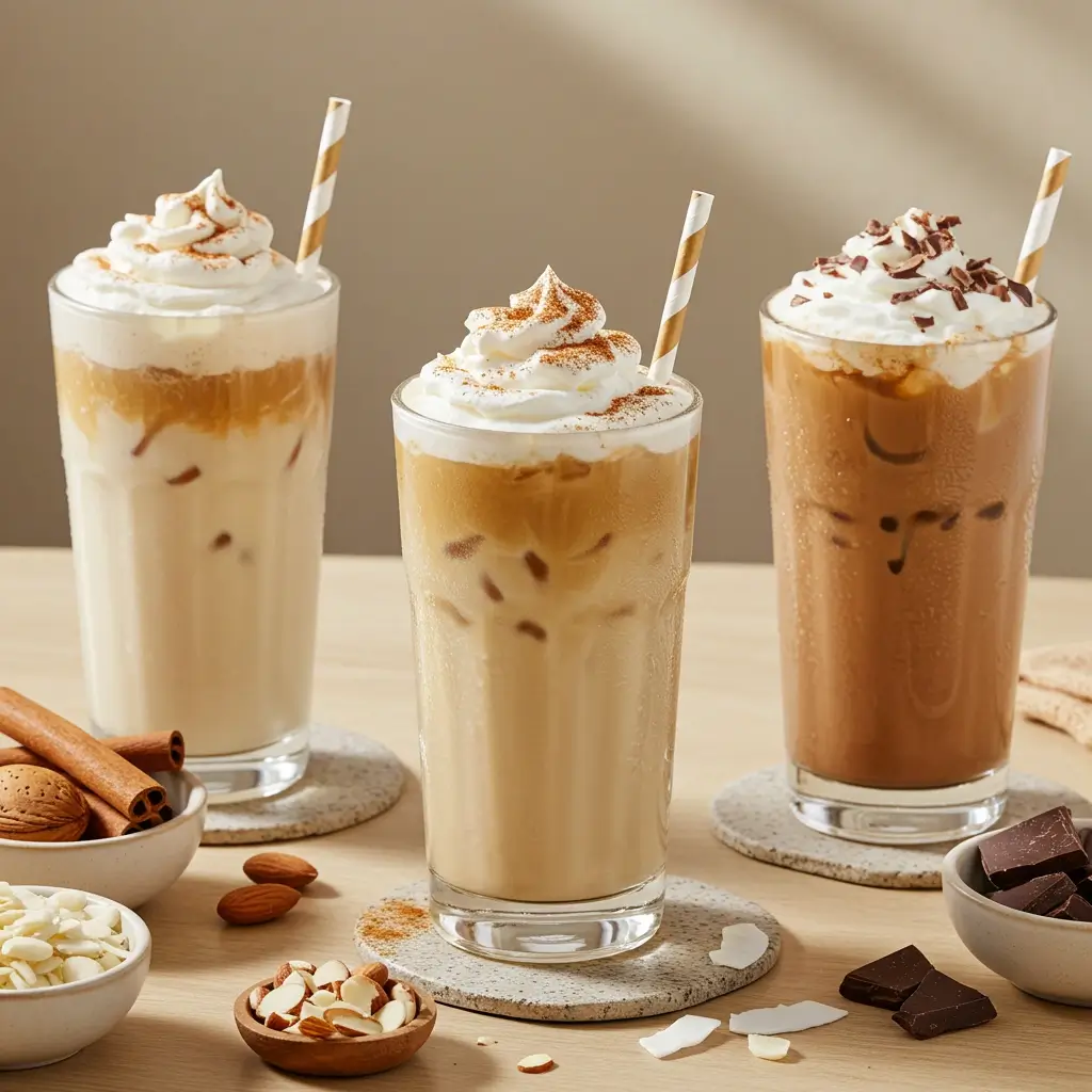 Three horchata-inspired iced coffees with toppings and ingredients