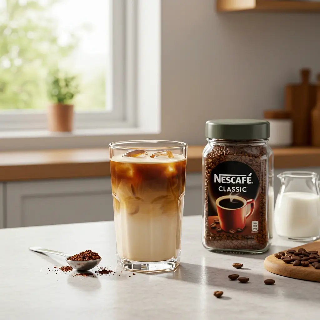 Glass of Nescafé iced coffee with ice, Nescafé jar, milk jug, and coffee beans on kitchen counter.