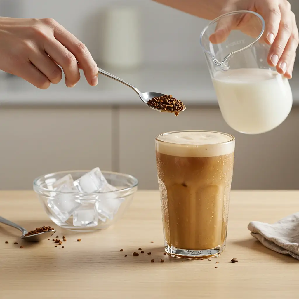 Hands scooping instant coffee to prepare Nescafé iced coffee with milk and ice on wooden surface.