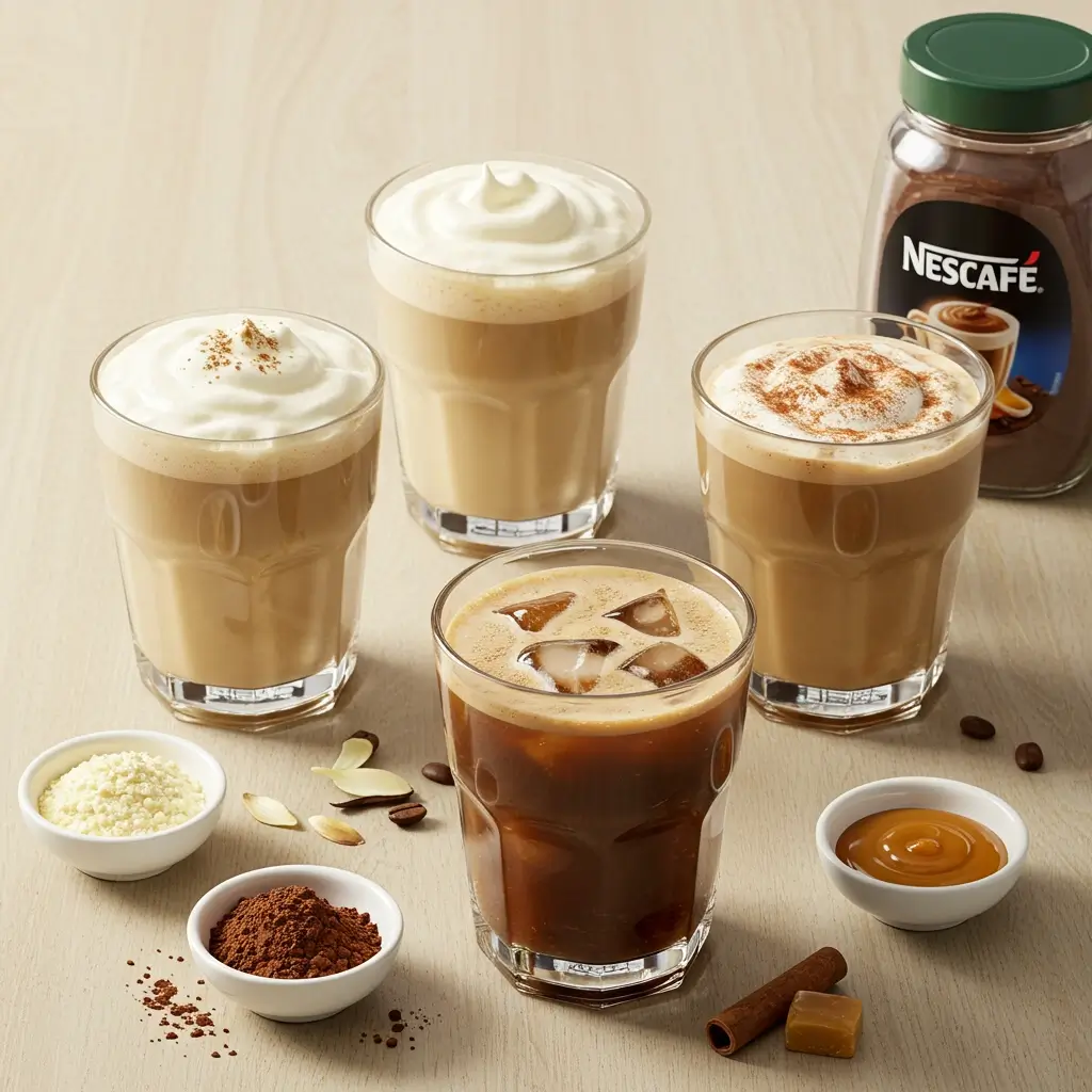 Flat lay of four Nescafé iced coffee varieties with toppings and labeled ingredients on wood surface.