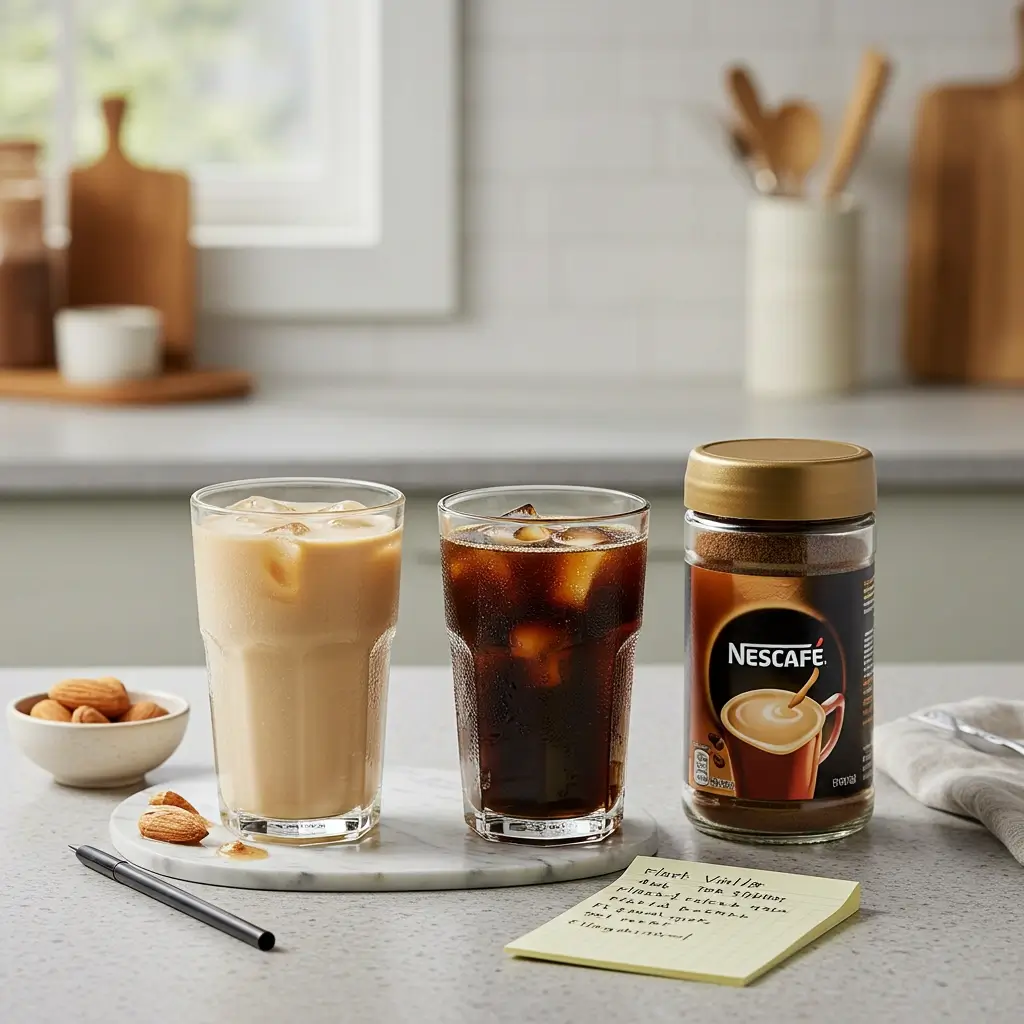 Two glasses of Nescafé iced coffee with almond milk and flavored syrups on bright kitchen counter.
