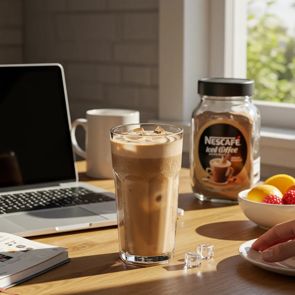 Glass of creamy Nescafé iced coffee on breakfast table with laptop, planner, and fruit bowl.