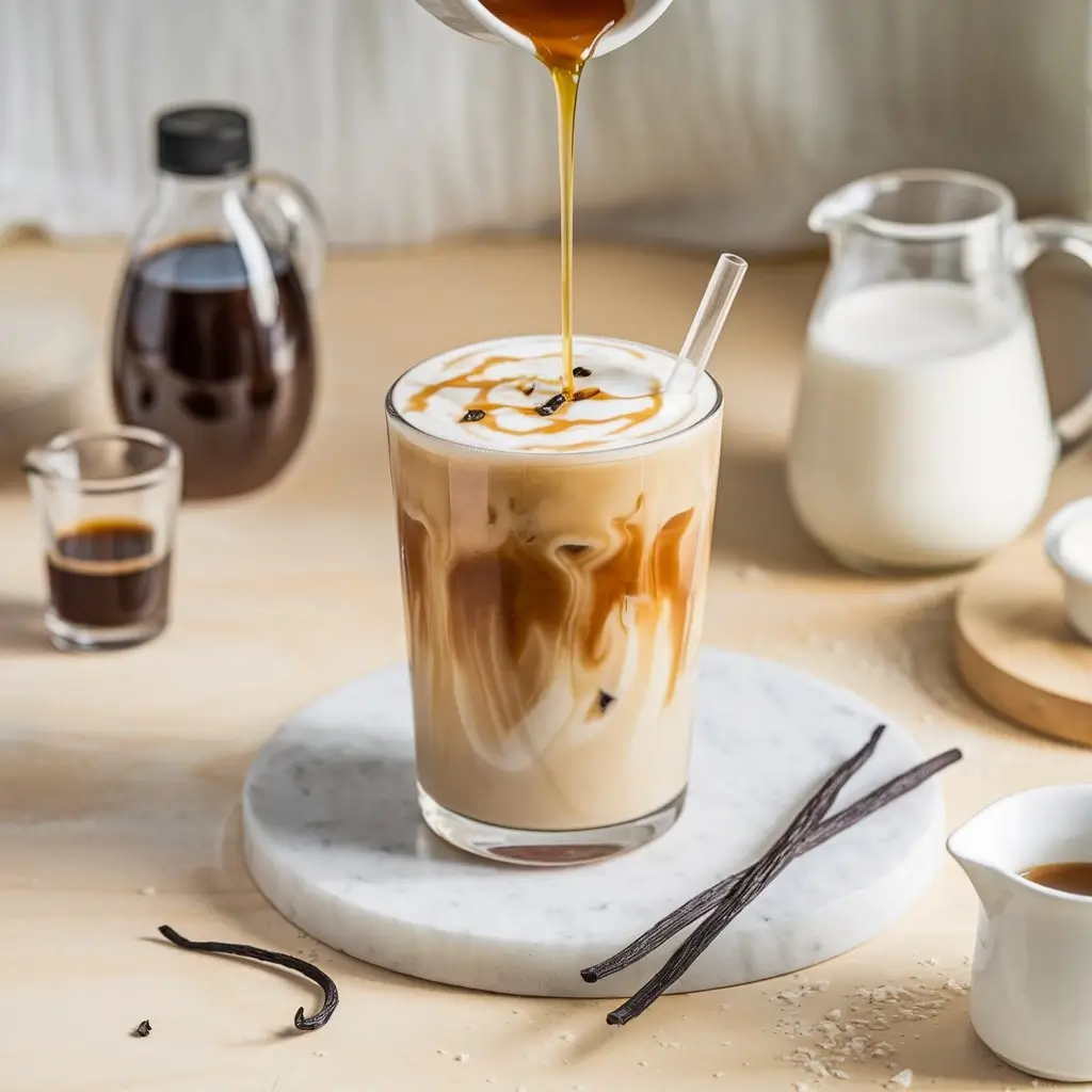 Vanilla latte iced coffee with milk, espresso, and syrup on light wooden surface.