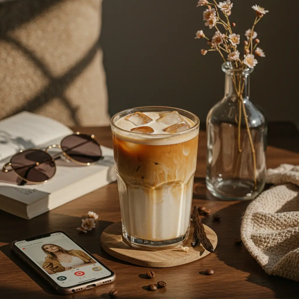 Vanilla iced latte with cozy props like book, phone, and flowers in warm natural light.