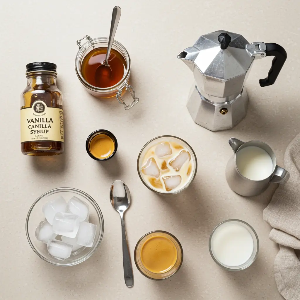 Flat lay of vanilla iced latte ingredients and tools on neutral countertop.