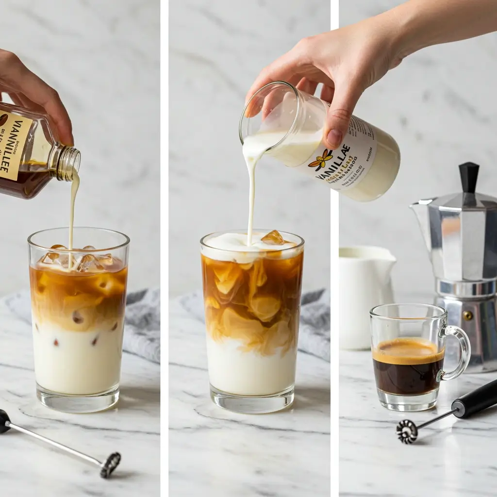 Step-by-step shots of making vanilla iced latte with syrup, milk, and espresso.
