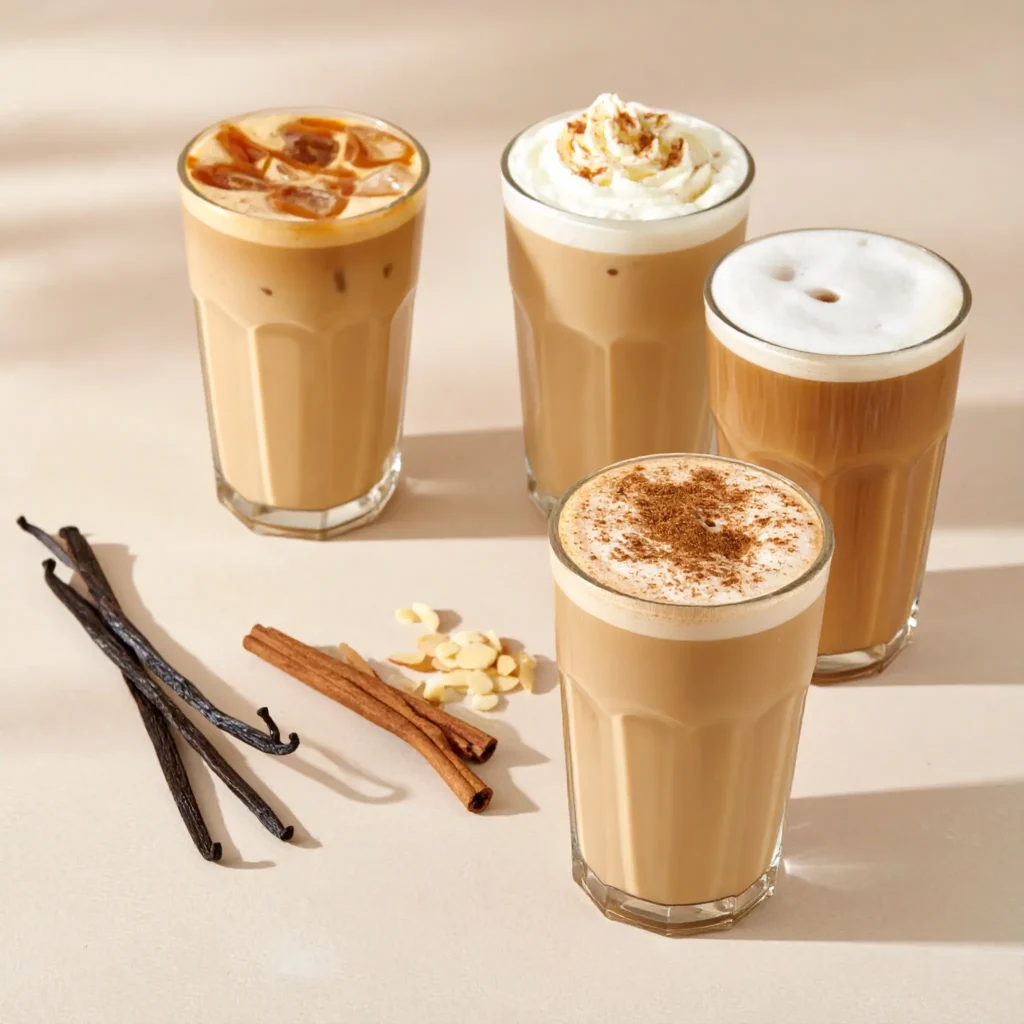 Four vanilla latte variations with toppings and main ingredients on a neutral tabletop.