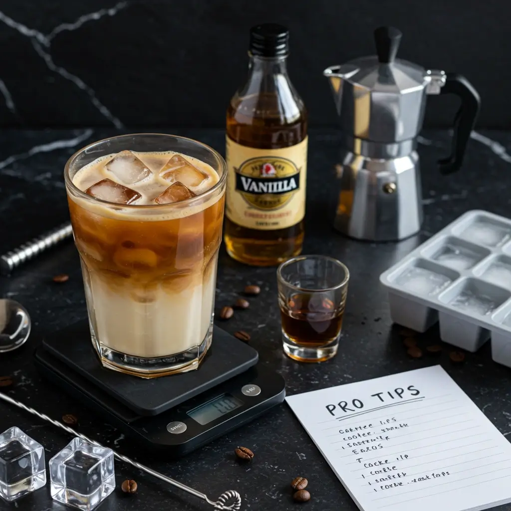 Flat lay of iced coffee essentials with glass, scale, milk frother, syrups, and notepad.