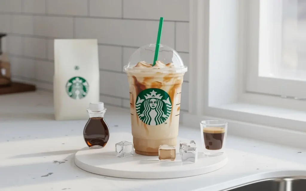 Starbucks-style iced vanilla latte with green straw, vanilla syrup, and espresso on kitchen counter.
