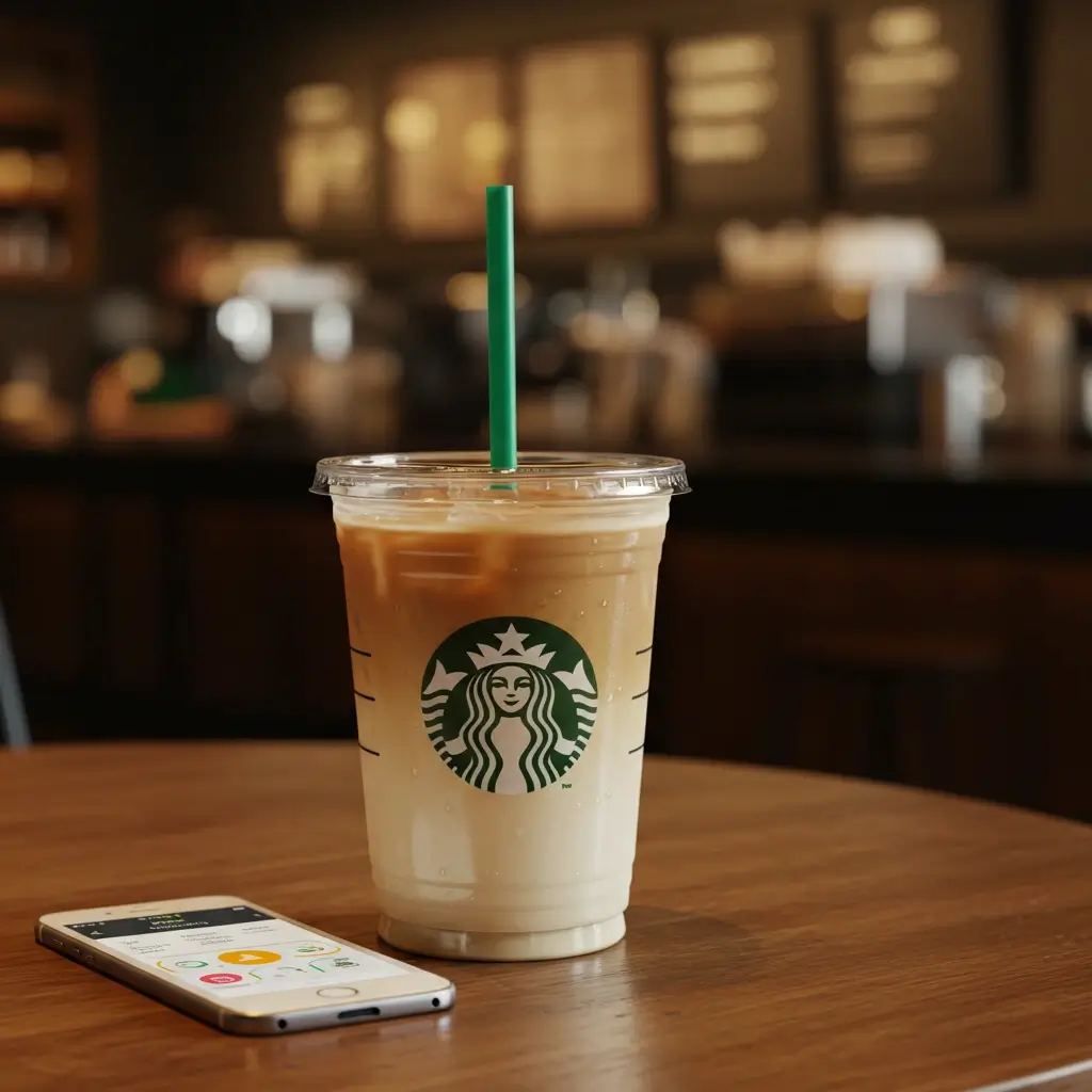 Starbucks iced vanilla latte with green straw and logo on wooden table next to smartphone showing Starbucks app.