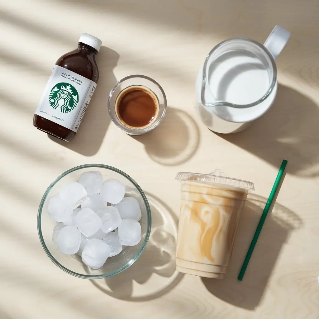 Flat lay of ingredients for Starbucks iced vanilla latte copycat on light surface.