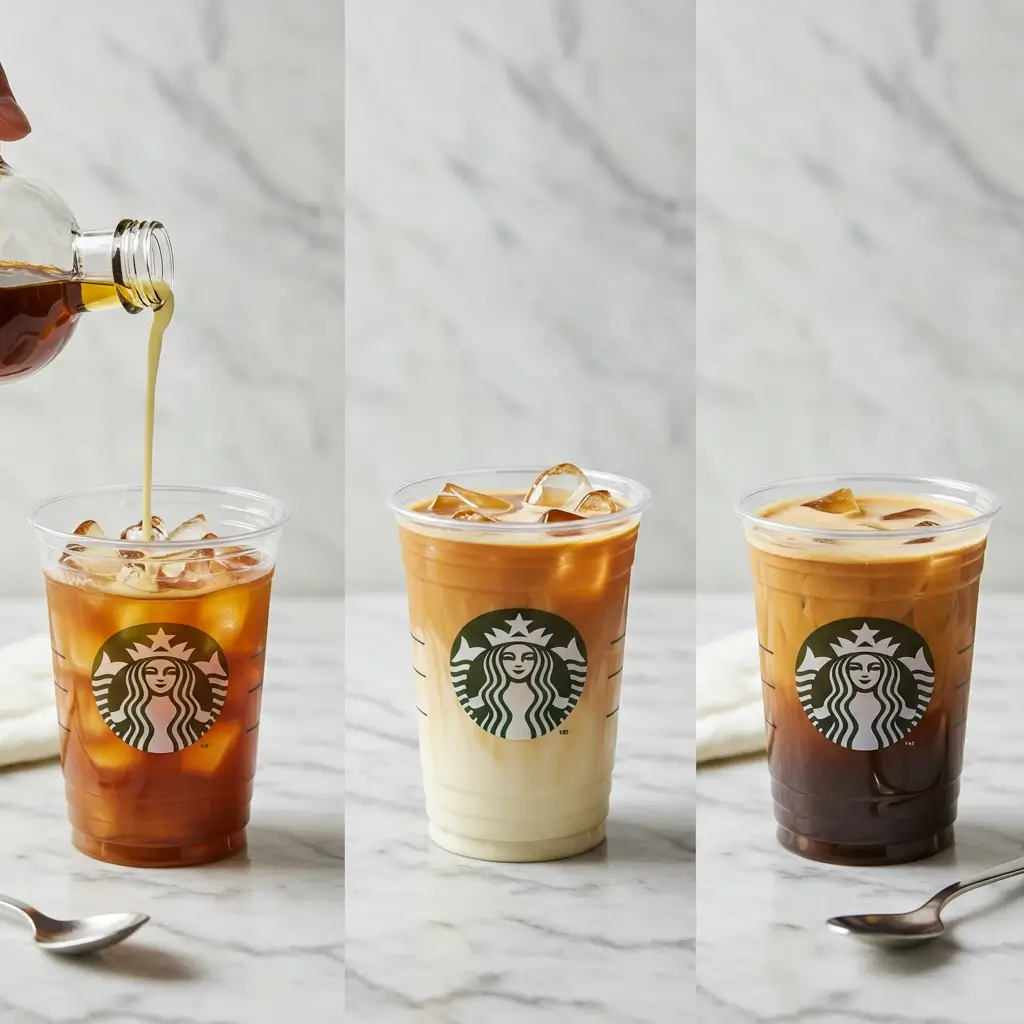 Three-step sequence of making Starbucks iced vanilla latte with syrup, milk, and espresso.