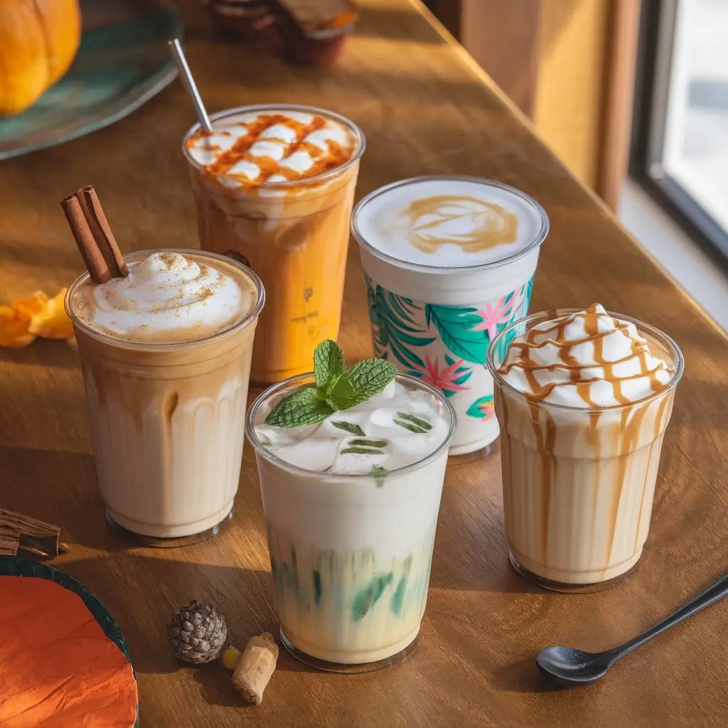 Four seasonal iced vanilla latte variations with pumpkin spice, coconut milk, sugar-free, and keto options.
