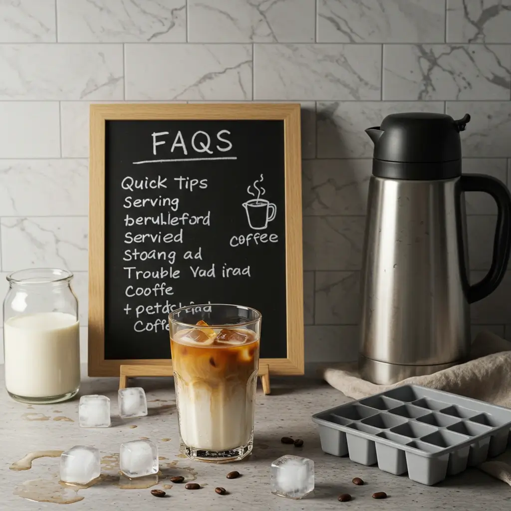Iced coffee in glass with FAQs chalkboard and coffee accessories on kitchen counter.