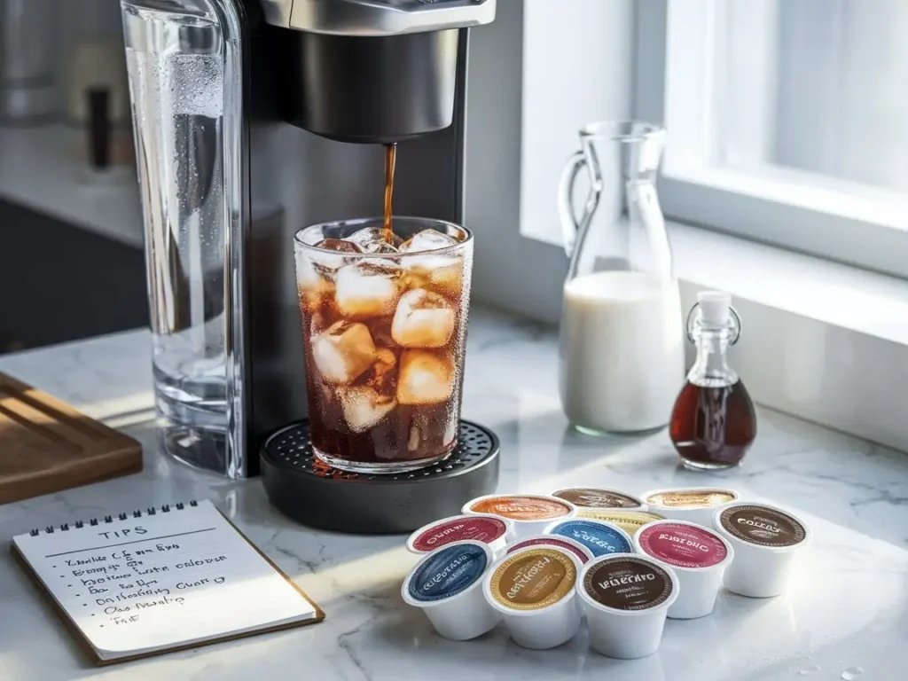 Keurig machine brewing iced coffee over glass with ice, colorful coffee pods, and milk bottle.