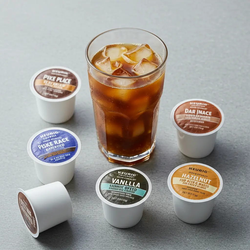 Six Keurig coffee pods for iced coffee arranged on gray surface with glass of iced coffee.