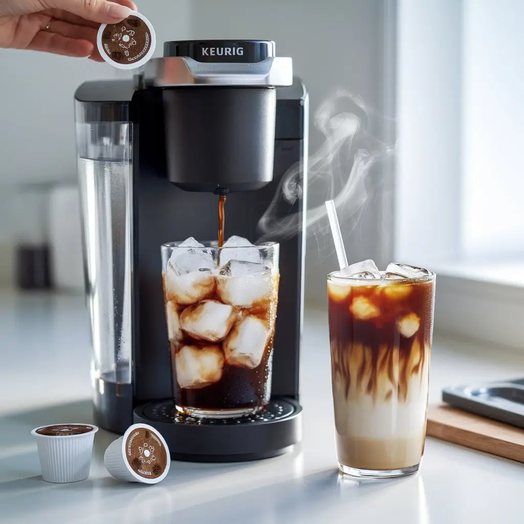 Three-step sequence showing Keurig pod insertion, brewing over ice, and finished iced coffee glass.